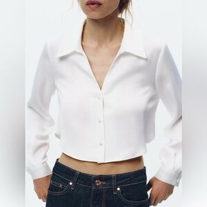 Zara White Satin Effect Long Sleeve Button Down Cropped Shirt